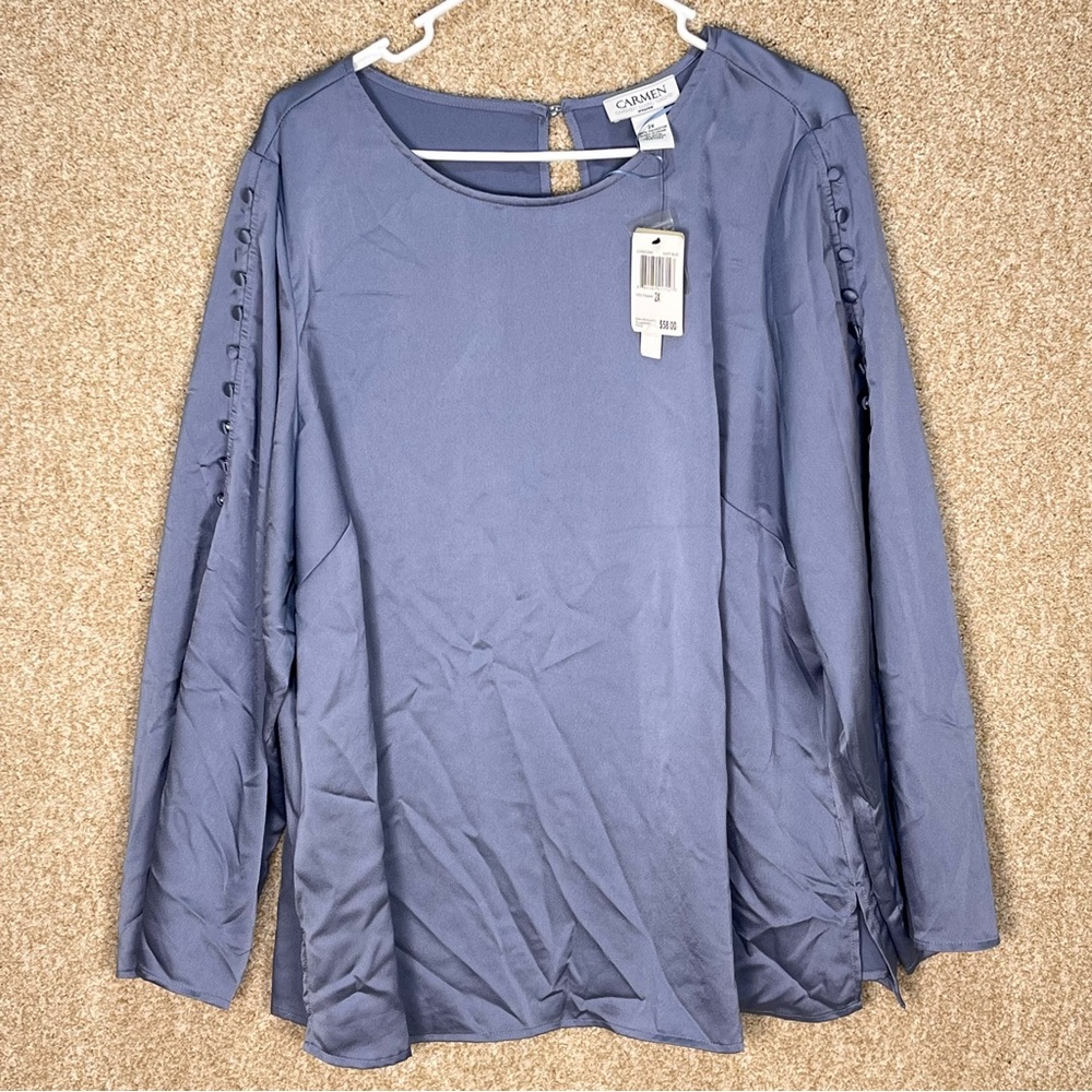 Imperfect NWT 2X blouse Carmen Marc Valvo slate shiny blue blouse bell sleeves